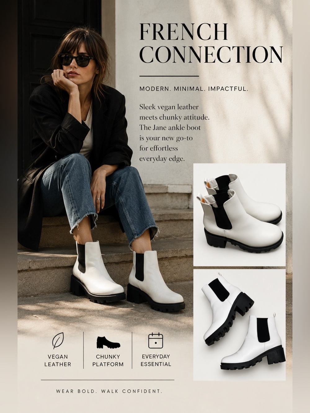 French Connection Vegan Leather Platform Chunky Ankle Boots Women 9 Jane White